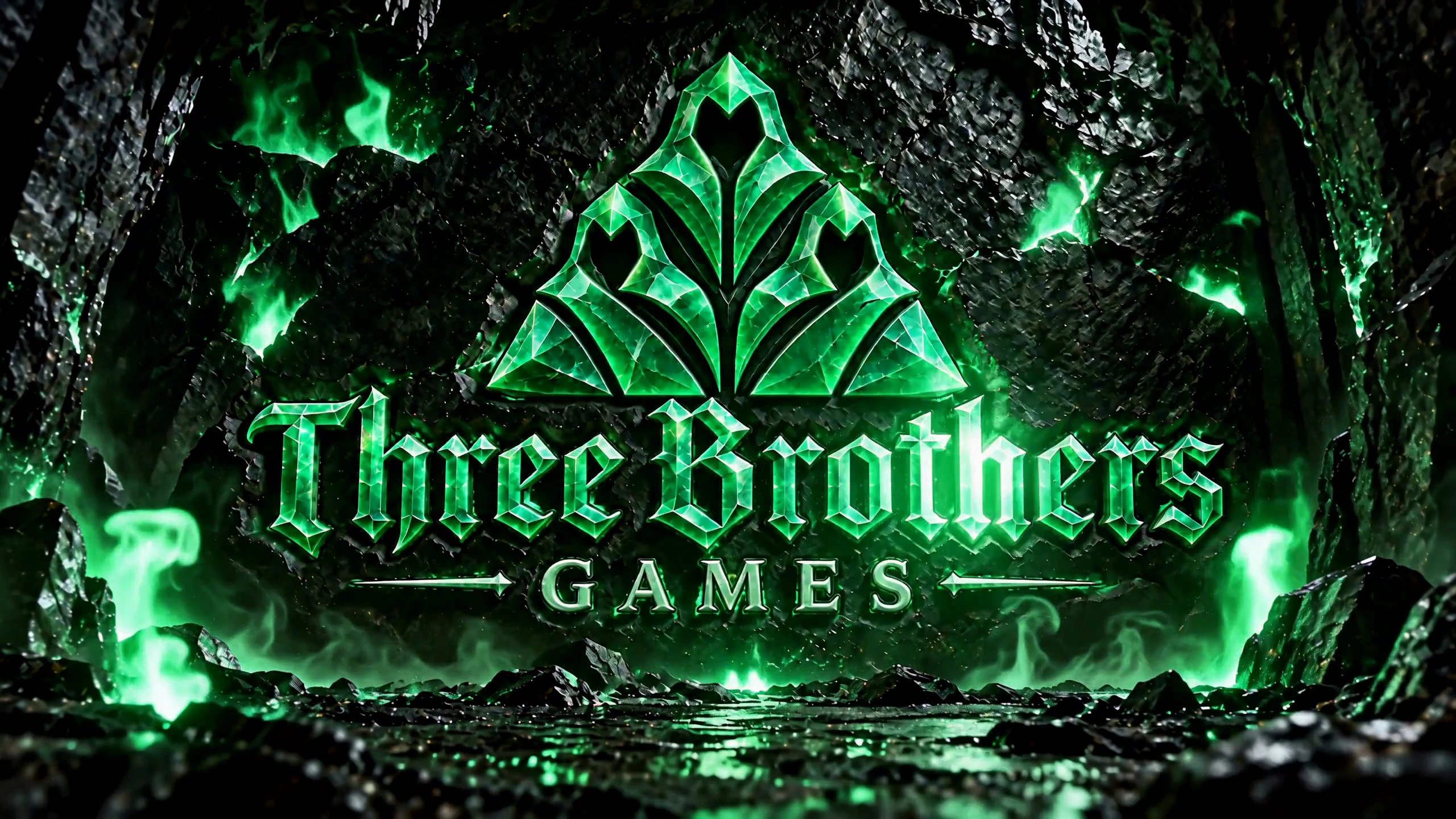 Three Brothers Games emerald logo engraved into a dark wall