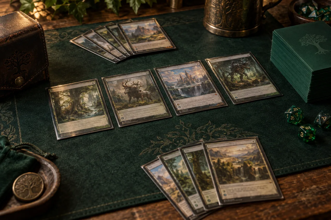 Illustrated tabletop scene of fantasy collectible cards, emerald sleeves and a leather deck box on a textured playmat