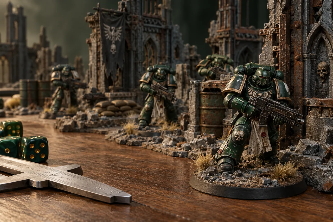 Illustrated tabletop scene of finely painted armored miniatures among weathered gothic battlefield terrain